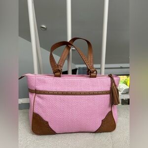 Lauren by Ralph Lauren Handbag, Brown Baby Pink Vintage Straw Leather Equestrian